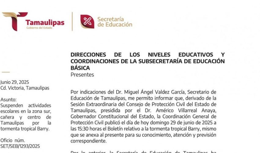 suspenden actividades escolares en la Zona Sur de Tamaulipas