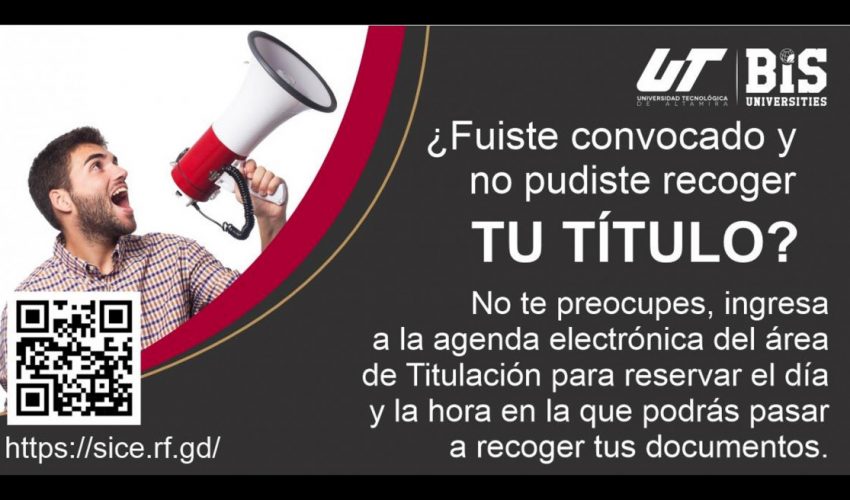 Si no pudiste acudir en la fecha asignada para recoger tu título, aún puedes programar una nueva cita de forma rápida y sencilla a través de la agenda electrónica del área de Titulación